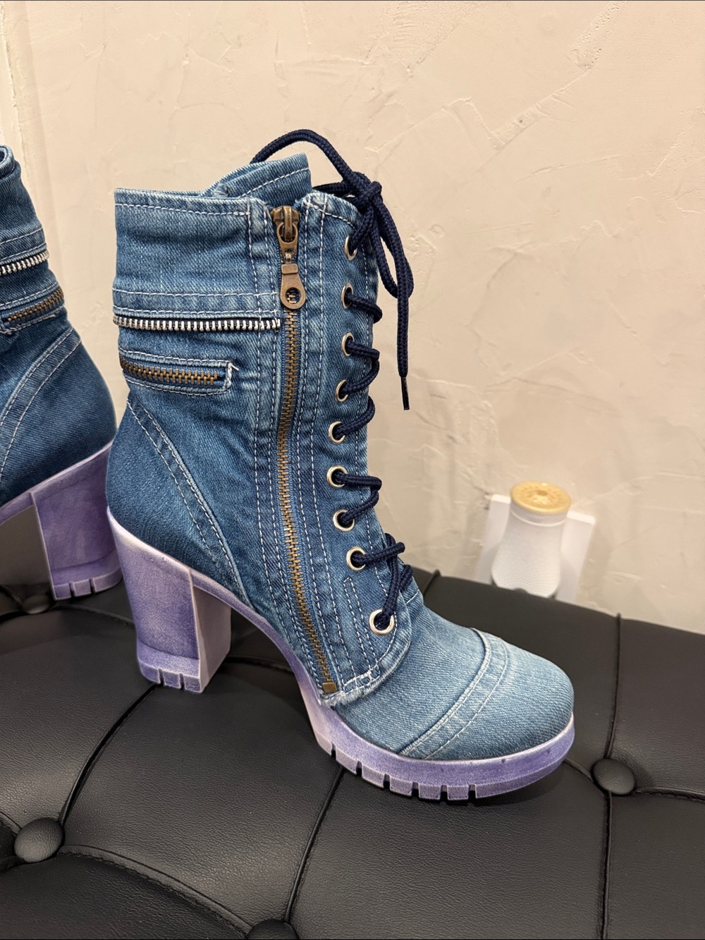 Denim Lace-Up Platform Ankle Boots with Purple Gradient Heel